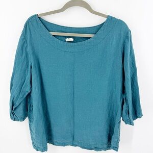 ✅ LO Len OK 100% Linen 3/4 Length Sleeves Scoop Neck Teal Size 3XL